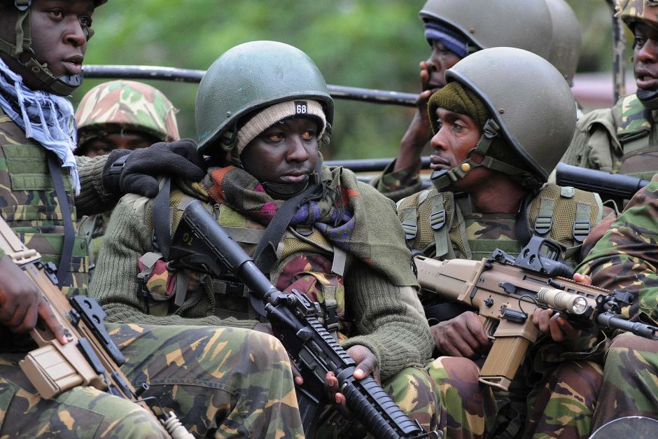 KDF soldiers holding FN SCAR-H rifles at Westgate